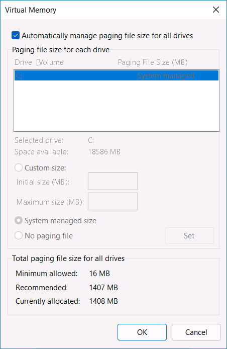 Windows paging file settings