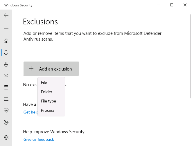 Add folder to Microsoft Defender exclusions