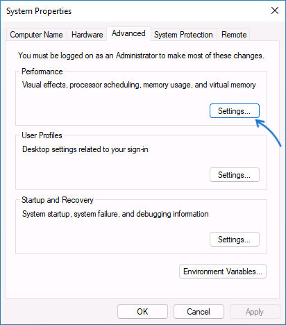 Open advanced system performance settings