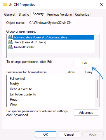 Edit folder permissions using security settings
