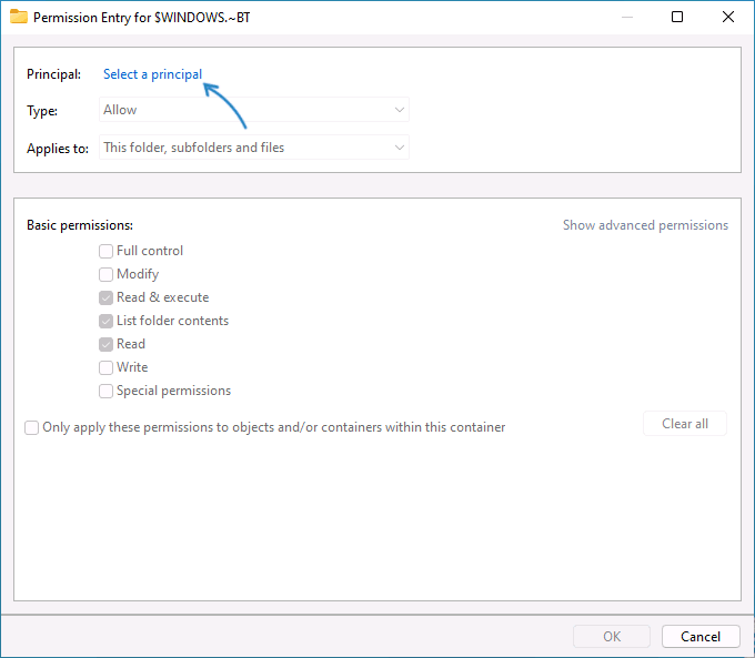 Select a principal for new permission entry
