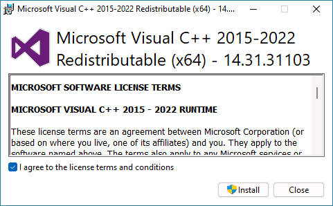 Install Microsoft Visual C++ Redistributable 2015-2022 x64 and x86