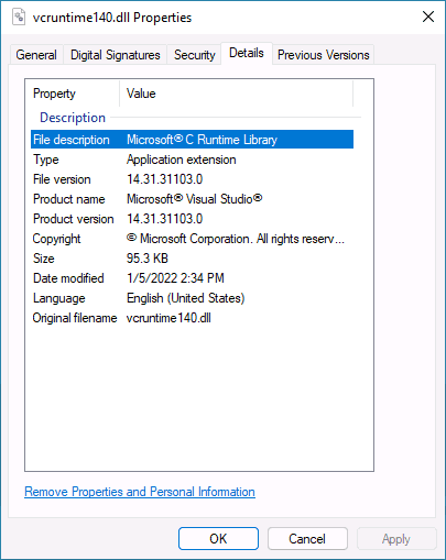 Original vcruntime140.dll file properties