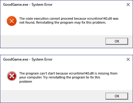 vcruntime140.dll error messages when launching a game or app