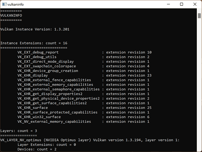 View VulkanRT information using vulkaninfo command