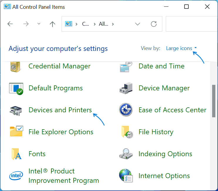 Open Devices and Printers in Windows Control Panel