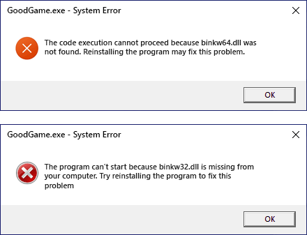 Binkw32.dll and Binkw64.dll was not found error messages