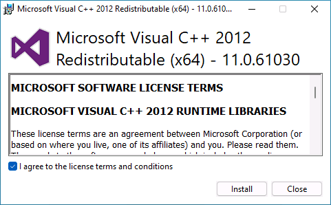 Install Microsoft Visual C++ 2012 Redistributable