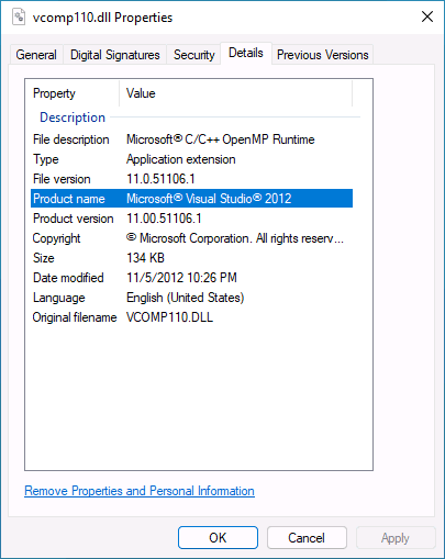 vcomp110.dll original file properties