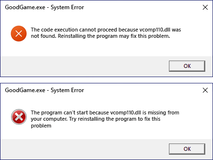 Vcomp110.dll was not found and is missing from your computer system error messages