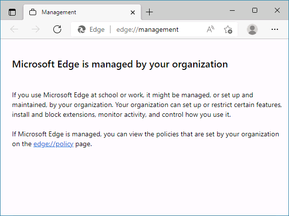 Microsoft Edge is managed by your organization page