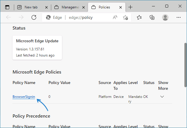 Microsoft Edge policies