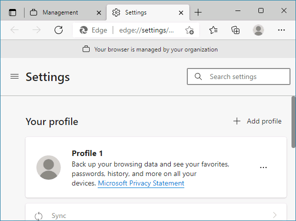 Your browser is managed by your organization in Microsoft Edge