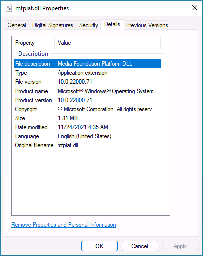 Mfplat.dll file properties