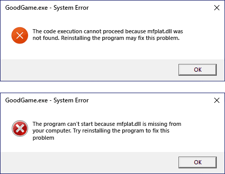 Mfplat.dll was not found and is missing from your computer system errors