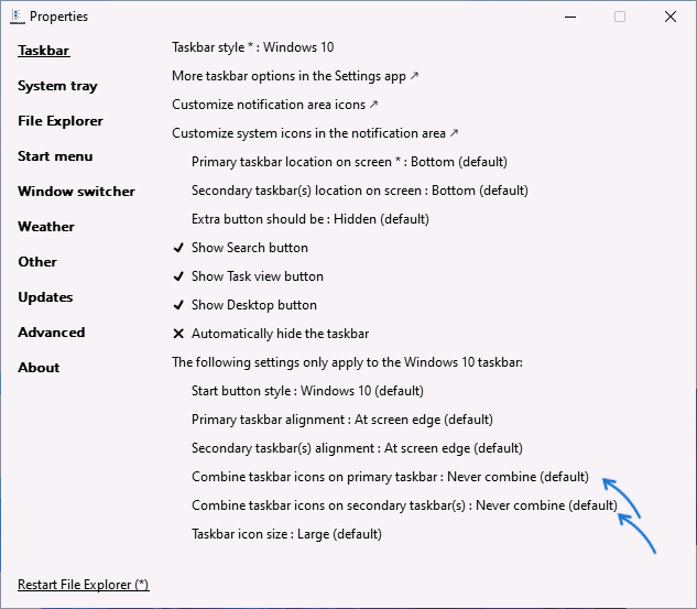 Set Windows 11 taskbar icons to never combine using ExplorerPatcher