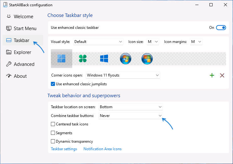 Disable taskbar icons combining using StartAllBack