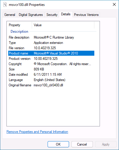 msvcr100.dll file properties