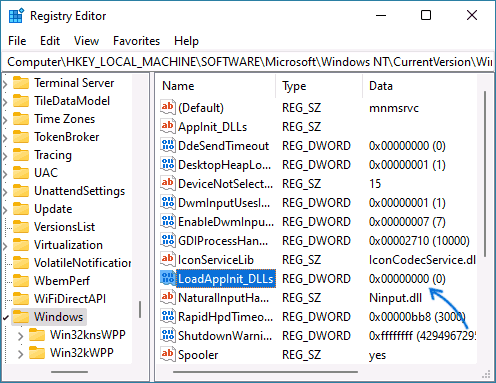 Edit LoadAppinit_DLLs value in Windows Registry