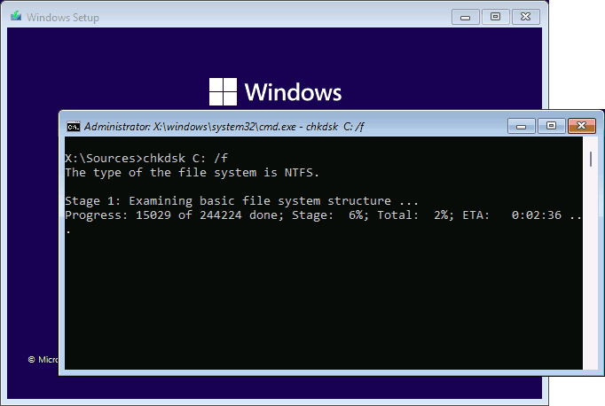Using chkdsk to fix filesystem errors when installing Windows