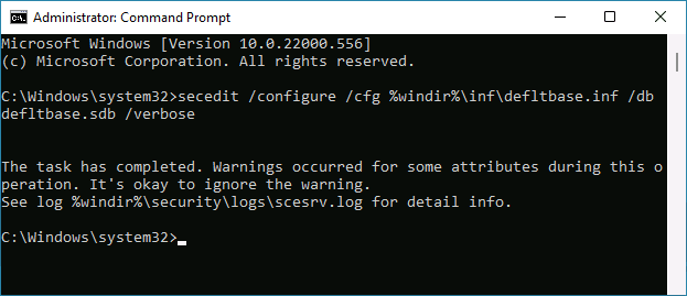Reset security policies using Command Prompt