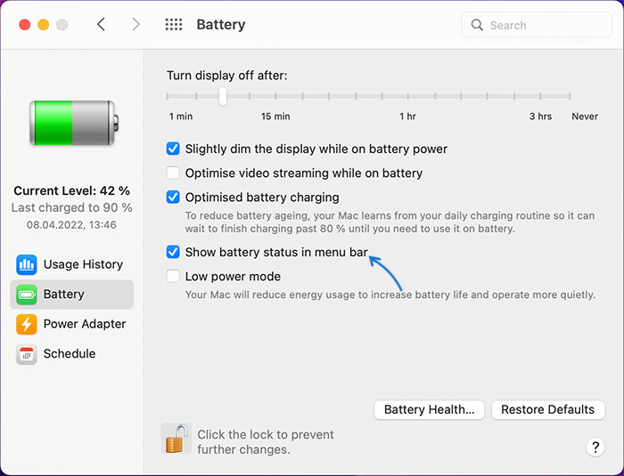 Show battery status in menu bar option