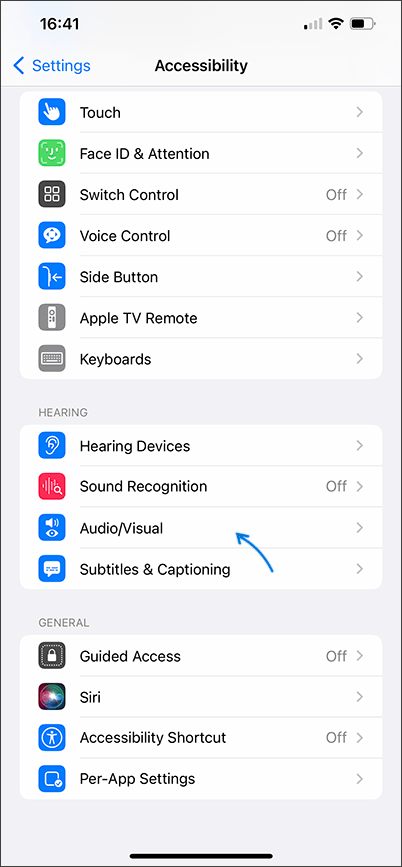 Open Audio/Visual accessibility settings