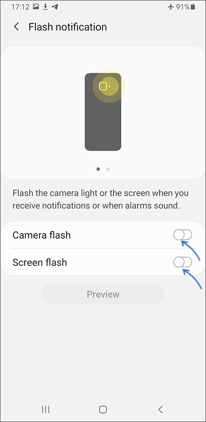 Enable Flash light notifications on Samsung Galaxy phone