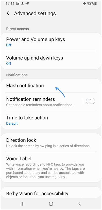 Open LED Flash notifications settings on Samsung